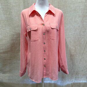 Studio Works Roll-Tab Sleeve Bright Pink Button Down Blouse Medium